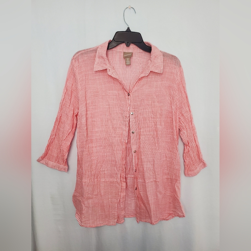 Pre-Loved Women’s Chico’s Pink and White Strip Quarter Sleeve Button Down Shirt
